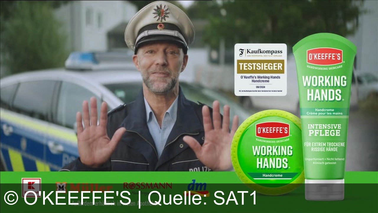 TV Werbung o'keeffe's - O'Keeffe's Working Hands ist die Testsieger-Handcreme für extrem trockene Hände. Sie macht Hände geschmeidig, ist unparfümiert und nicht fettend. Erhältlich bei Müller, Rossmann, dm, Kaufland und Apotheken.