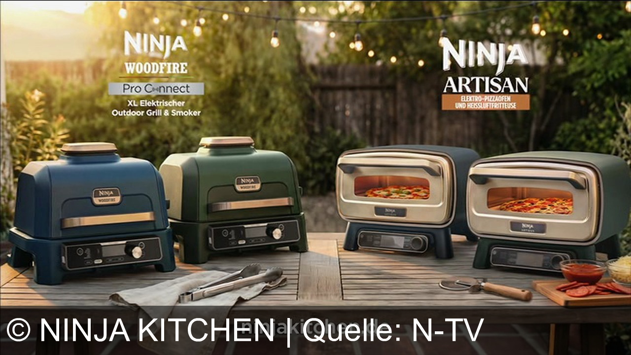 TV Werbung ninja kitchen - Ninja Woodfire Pro Connect XL: Grillen, Räuchern, Heißluftfrittieren – echtes Holzfeueraroma per App. Mit Ninja Artisan Outdoor Oven: Pizzakruste in 3 Minuten. Ninja – Upgrade für draußen.