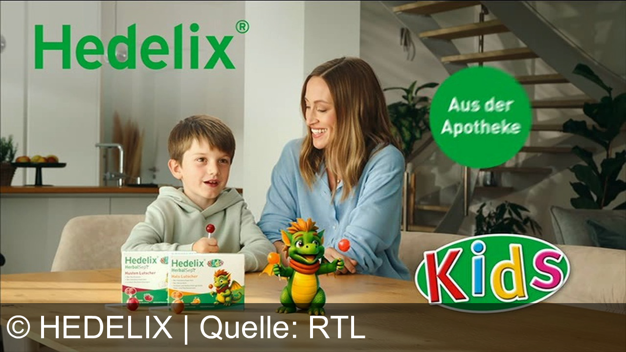 TV Werbung hedelix - Hedelix Herbal Z-Kids – Der wohltuende Husten- und Halslutscher für Kinder mit fruchtigem Geschmack. Hedelix Kids – Aus der Apotheke. Für ein Lächeln bei Husten und Halsbeschwerden.