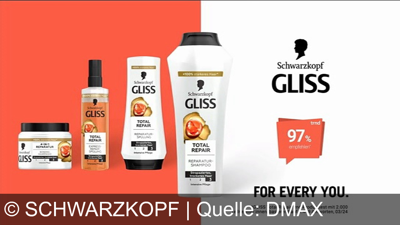 TV Werbung schwarzkopf - Glänzendes, starkes Haar mit Schwarzkopf Gliss Total Repair – repariert und schützt sichtbar ab der ersten Anwendung. Für dich. Für jedes Ich.