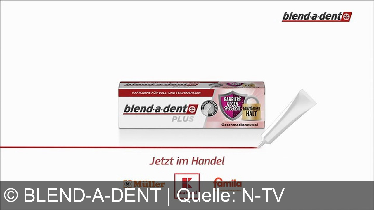 TV Werbung blend-a-dent - blend-a-dent Haftcreme gibt Zahnprothesenträgerin Nicole stärkeren Halt und bis zu 100% mehr Stabilität beim Essen. Mit mehr Biss durchs Leben – jetzt bei Müller, Kaufland & famila!