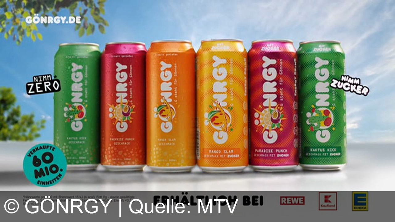 TV Werbung gönrgy - Gönn dir Gönnergy: Erlebe 100% Geschmack, egal ob mit Zucker oder Zero. Entdecke die neuen Sorten Mango Slam, Paradise Punch und Kaktus Kick. Erhältlich bei REWE und EDEKA. Gönn dir den extra leckeren Energy-Kick! Gönrgy ist ein Energy-Drink, der von MontanaBlack gemeinsam mit der Bold&Balanced GmbH entwickelt wurde.
