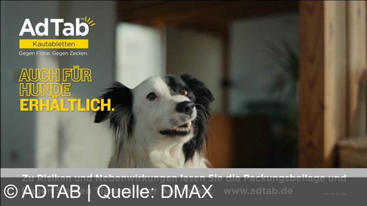 TV Werbung adtab - AdTab, eine leckere, rezeptfreie Kautablette. Ein Monatsschutz vor Zecken und Flöhen. AdTab für Katzen. Muss man einfach lieben, kann man einfach schützen. Mit AdTab. Auch für Hunde erhältlich.