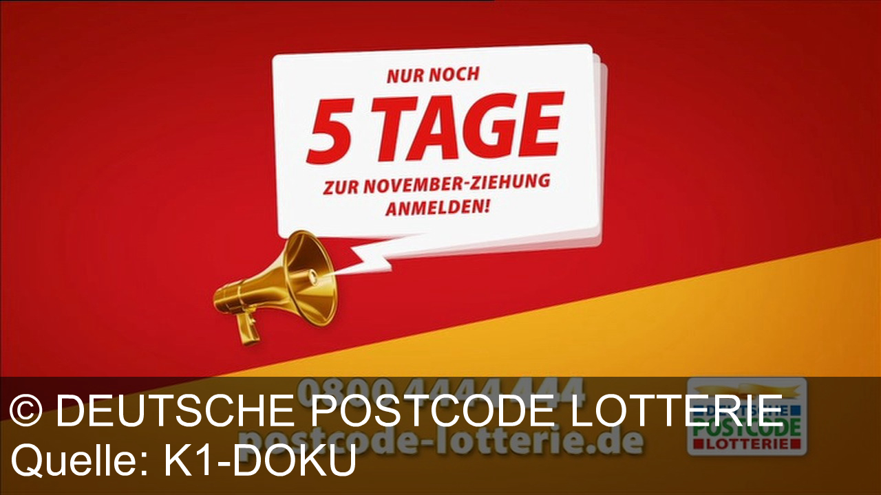 TV Werbung deutsche postcode lotterie - Postcode-Lotterie: Tägliche Gewinne für ganze Nachbarschaften. Im November 10.000 Euro pro Los, monatlich 1,4 Millionen Euro. Jetzt anmelden unter 0800 4444 444 oder postcode-lotterie.de.