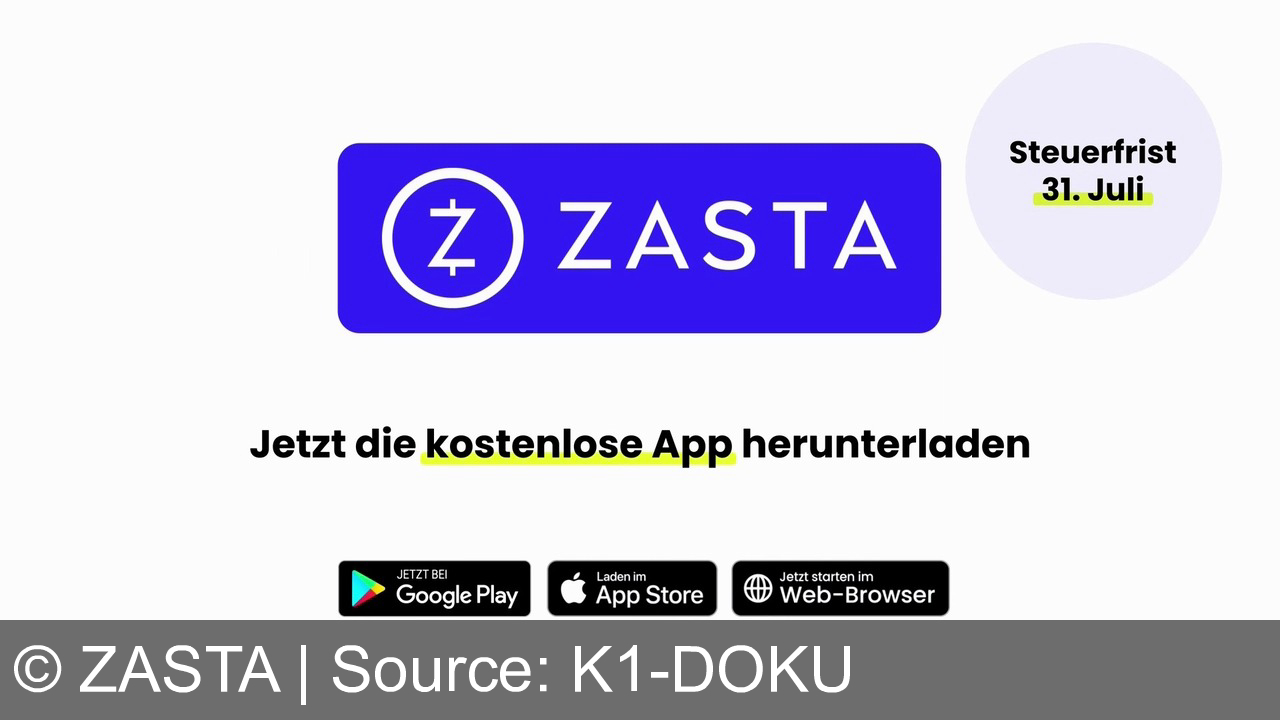 TV Werbung zasta - Verpasse keine Steuererstattung! Hol dir über 1000 Euro zurück mit der Zasta-App. Schnell und einfach bis zum 31. Juli downloaden und profitieren. Jetzt bei Google Play, App Store oder im Web-Browser starten!