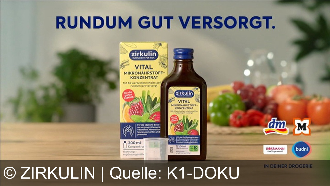 TV Werbung zirkulin - Zirkulin Vital Mikronährstoffkonzentrat – 66 wertvolle Zutaten aus Obst, Gemüse und Kräutern. Jeden Tag rundum gut versorgt. Jetzt bei dm, Rossmann und Budni.