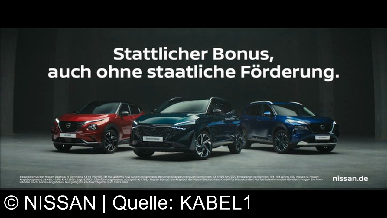 TV Werbung nissan - Erlebe den Nissan Qashqai mit e‑Power‑Hybrid – bis zu 1200 km Reichweite, starkem Design und Nissan‑Bonus bis zu 7700 €! Jetzt auf nissan.de entdecken.