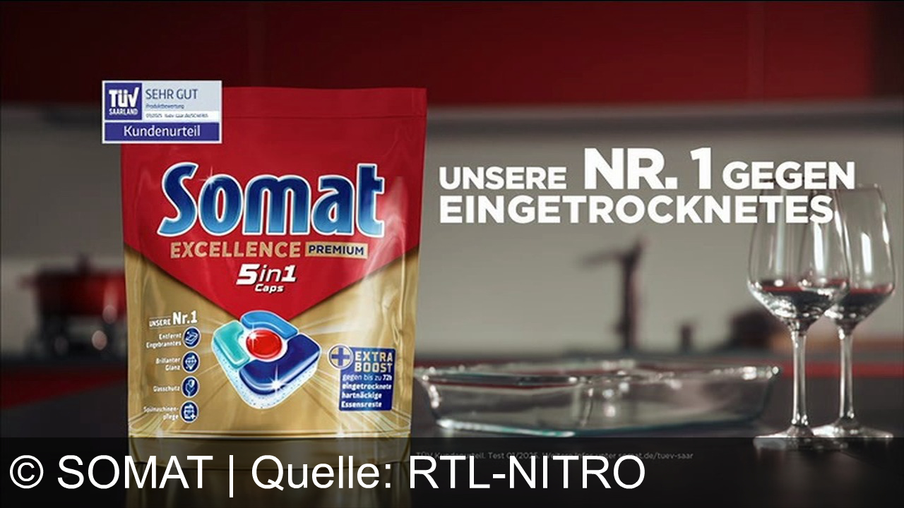 TV Werbung somat - Wenn die Glas-Auflaufform singt: "Klar, lass mich einfach stehen. Als wäre das kein Problem. Ich fühl mich krustig, das ist nicht lustig." Somat Excellence 5 in 1: Der Extra-Boost gegen Eingetrocknetes! Strahlende Sauberkeit bis zu 72 Stunden. Unsere Nr. 1 für makellose Ergebnisse. Probieren Sie es aus!