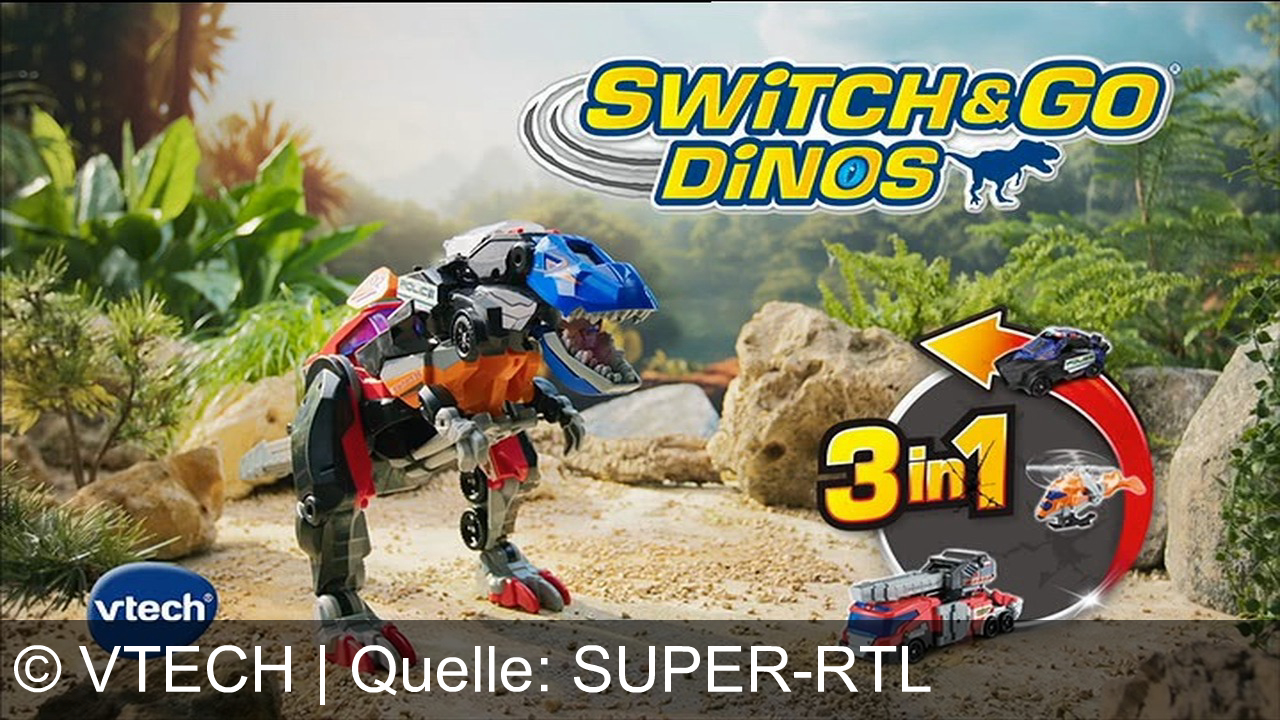 TV Werbung vtech - Erlebe die Switch & Go Dinos von vtech – der 3-in-1 Super T-Rex verwandelt sich im Handumdrehen in starke Rettungsfahrzeuge mit coolen Sounds. Actionspaß mit Vortex!