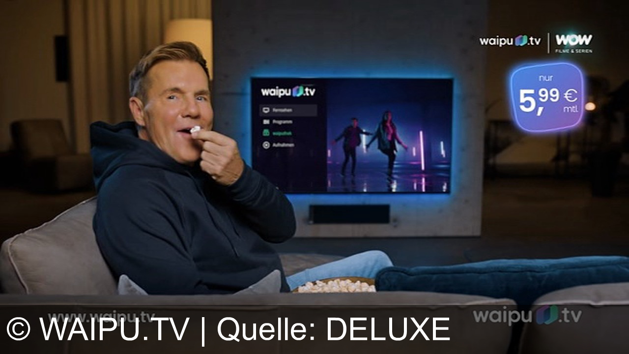 TV Werbung waipu.tv - Das Testimonial Dieter Bohlen wirbt mit: "Hey Leute, das einzige wofür ich ne Schüssel brauche ist mein Popcorn. Holt euch waipu TV, holt euch Fernsehen ohne Schüssel, ohne Kabelanschluss," Erlebe großes Kino ohne Schüssel: Mit waipu.tv streamst du Wow-Filme und Serien für nur 5,99 € im Monat. Mach's wie Dieter und hol dir Fernsehen neu gedacht!
