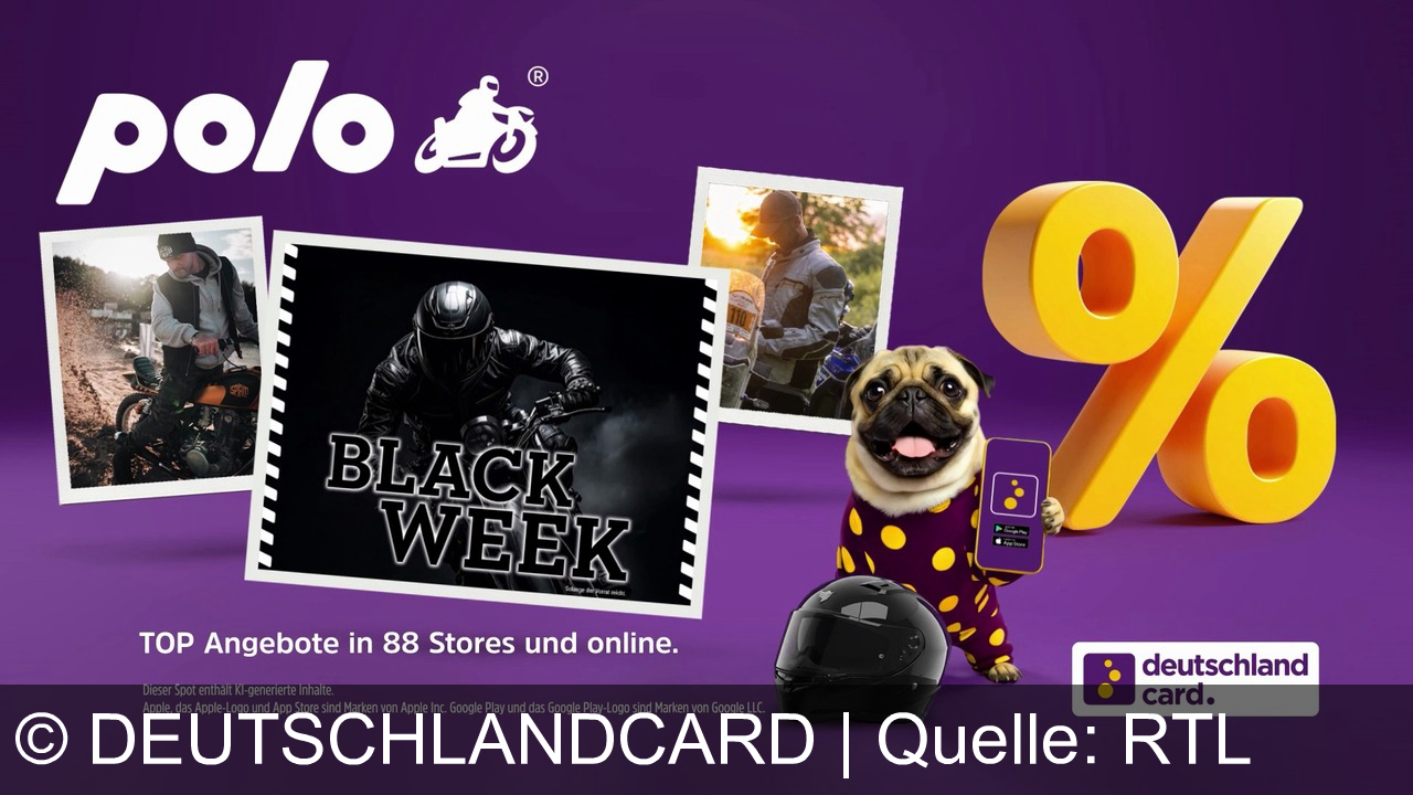 TV Werbung deutschlandcard - Erlebe Black Week bei POLO Motorrad! Mit der Deutschlandcard-App, Shopping-Spaß für dich und deinen Pug – jetzt App laden, sparen, gewinnen. Verfügbar im App Store & Google Play!