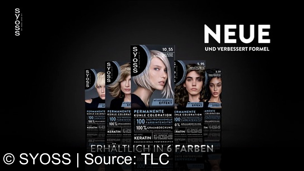 TV Werbung syoss - Entdecke die neue Syoss Koloration: 100% Grauabdeckung, 23 Farben, mit stärkendem Keratin für bis zu 100 Tage Farbintensität. You. Intensified.