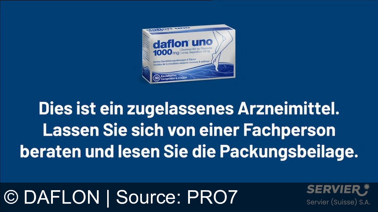 TV Werbung daflon - Schwere, schmerzende oder geschwollene Beine? Daflon Uno stärkt und schützt die Venen. Für schöne, leichte Beine. Daflon Uno. Jetzt erhältlich in Ihrer Apotheke. Dies ist ein zugelassenes Arzneimittel. Lassen Sie sich von einer Fachperson beraten und lesen Sie die Packungsbeilage.