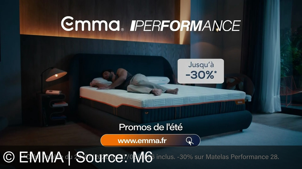 TV Werbung emma - Découvrez le nouveau matelas Emma Performance : mousse à mémoire de forme et technologie AirGrid pour un confort et une fraîcheur absolus. Jusqu'à -30% sur Emma.fr (promos été).