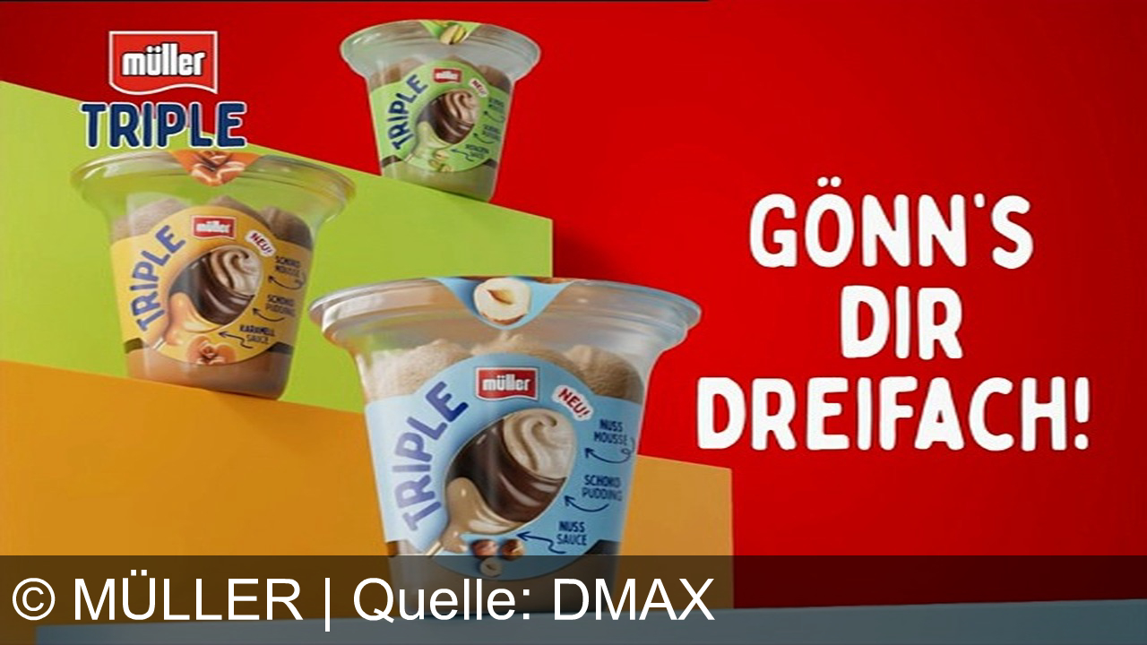 TV Werbung müller - Neu: Müller Triple! Die dreifache Verführung aus cremiger Nusssauce, Schokopudding und Nussmousse. Gönn's dir dreifach mit Müller!