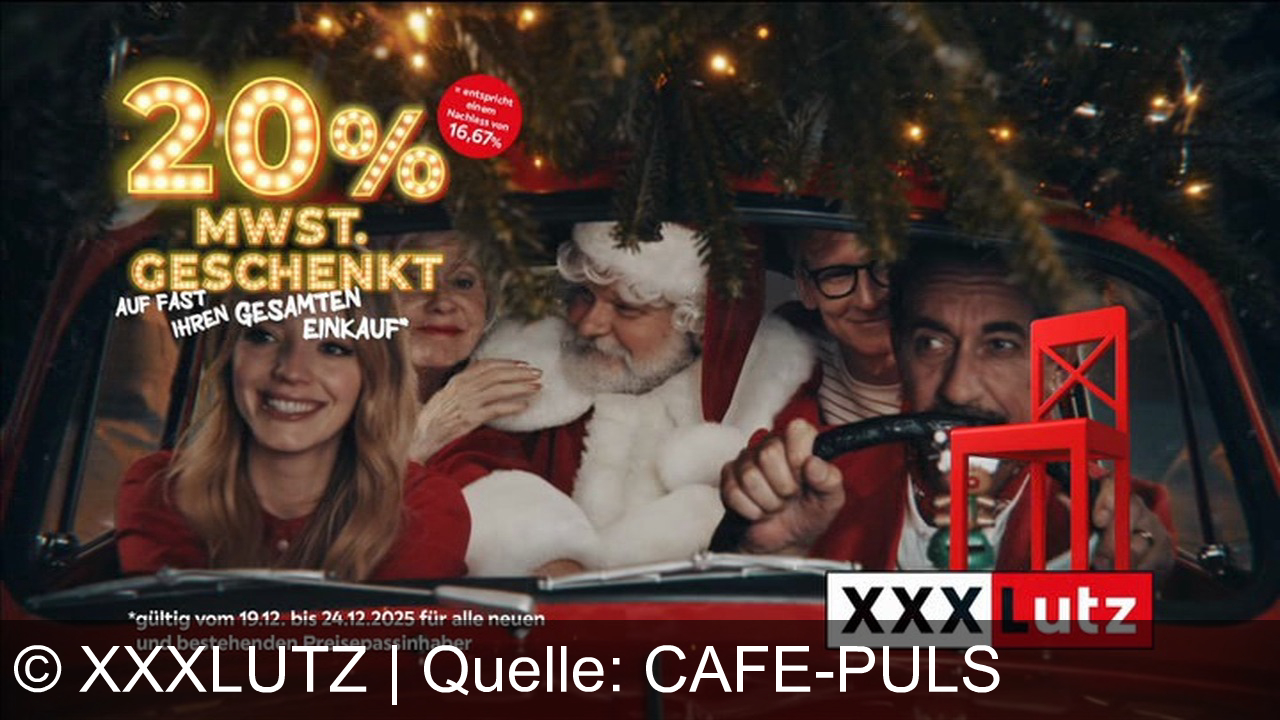 TV Werbung xxxlutz - Santa, festliche Fahrt, strahlende Gesichter: Beim XXXLutz Christmas Shopping schenken wir Preisepassinhabern die Mehrwertsteuer auf fast alles. Nur bis 24.12. Frohe Weihnachten wünscht XXXLutz!