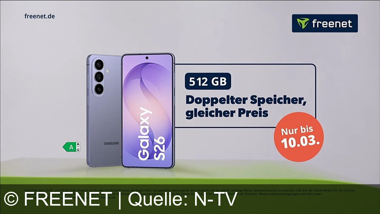 TV Werbung freenet - Das brandneue Samsung Galaxy S26 mit 30 GB im Telekom-Netz für nur 39,99€ bei Freenet. Jetzt mit doppeltem Speicher bis 10.03.!