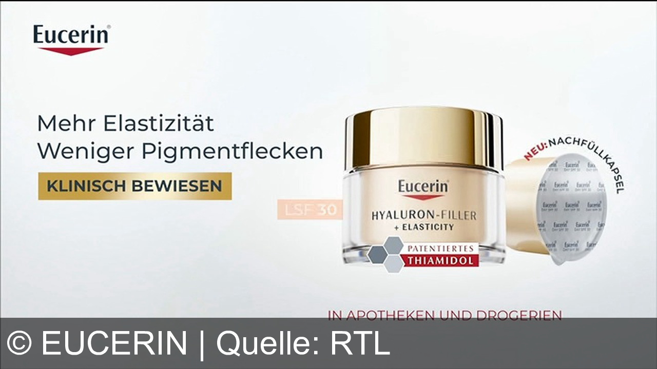 TV Werbung eucerin - Für straffere, ebenmäßigere Haut: Eucerin Hyaluron-Filler + Elasticity mit patentiertem Thiamidol – klinisch bewiesen, jetzt neu als Nachfüllkapsel. Nur in Apotheken und Drogerien!