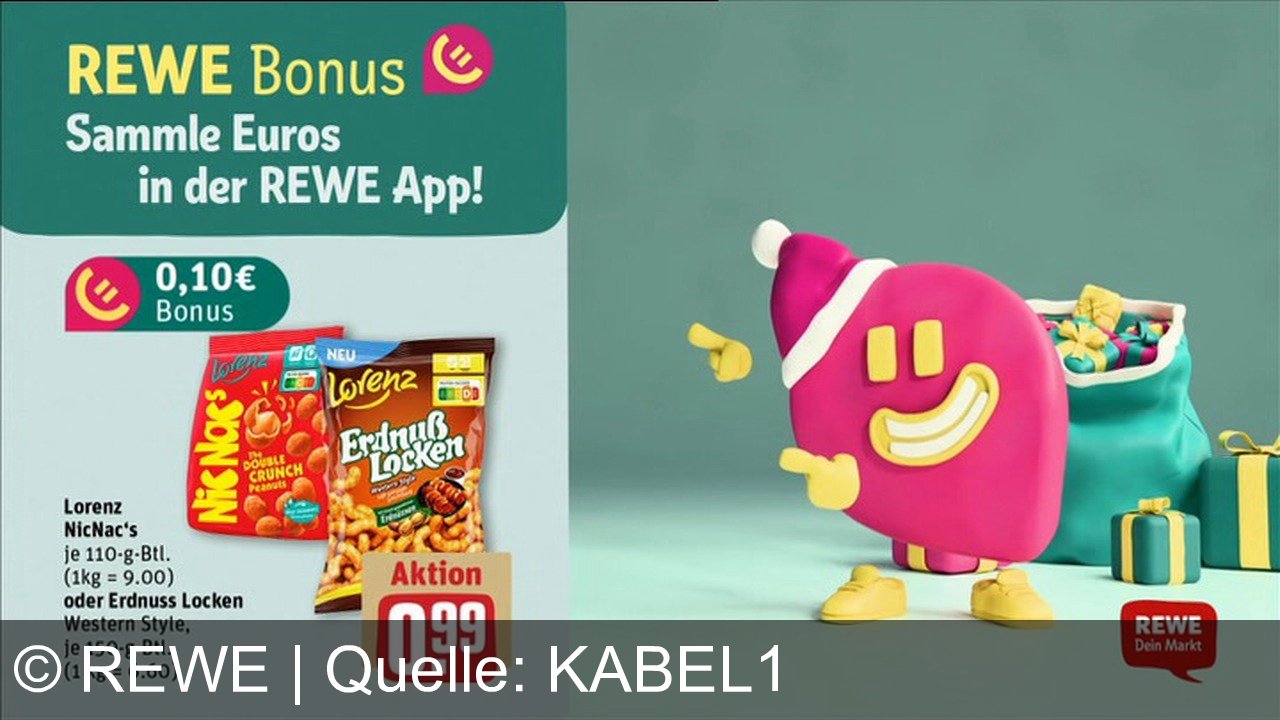 TV Werbung rewe - Monster Energy für 77 Cent, NicNac’s oder Erdnuss Locken für 99 Cent – und mit der REWE App Euros sammeln! REWE – Dein Markt für Bonus und Genuss.