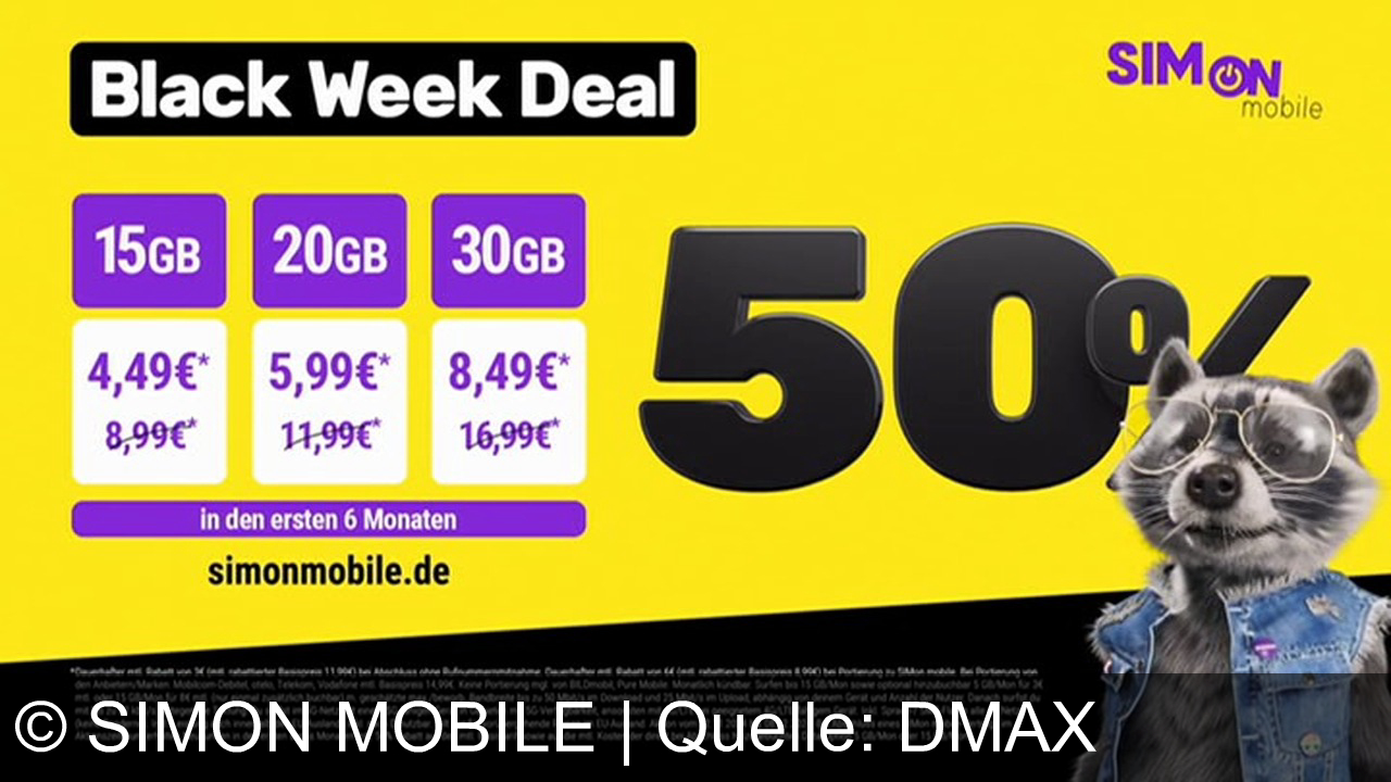 TV Werbung simon mobile - Black Week bei SIMON mobile: Spare 50% auf Tarife in den ersten 6 Monaten. Angebote ab 4,49€ mit bis zu 30GB Datenvolumen. Monatlich kündbar, 5G-fähig. Nur für Neukunden. Details auf simonmobile.de.