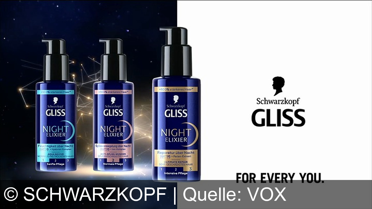 TV Werbung schwarzkopf - Schwarzkopf Gliss Night Elixier: Intensive Nachtpflege für 100% stärkeres Haar. Repariert von innen, reduziert Haarbruch um 93%, versiegelt Spliss und spendet Feuchtigkeit über Nacht.