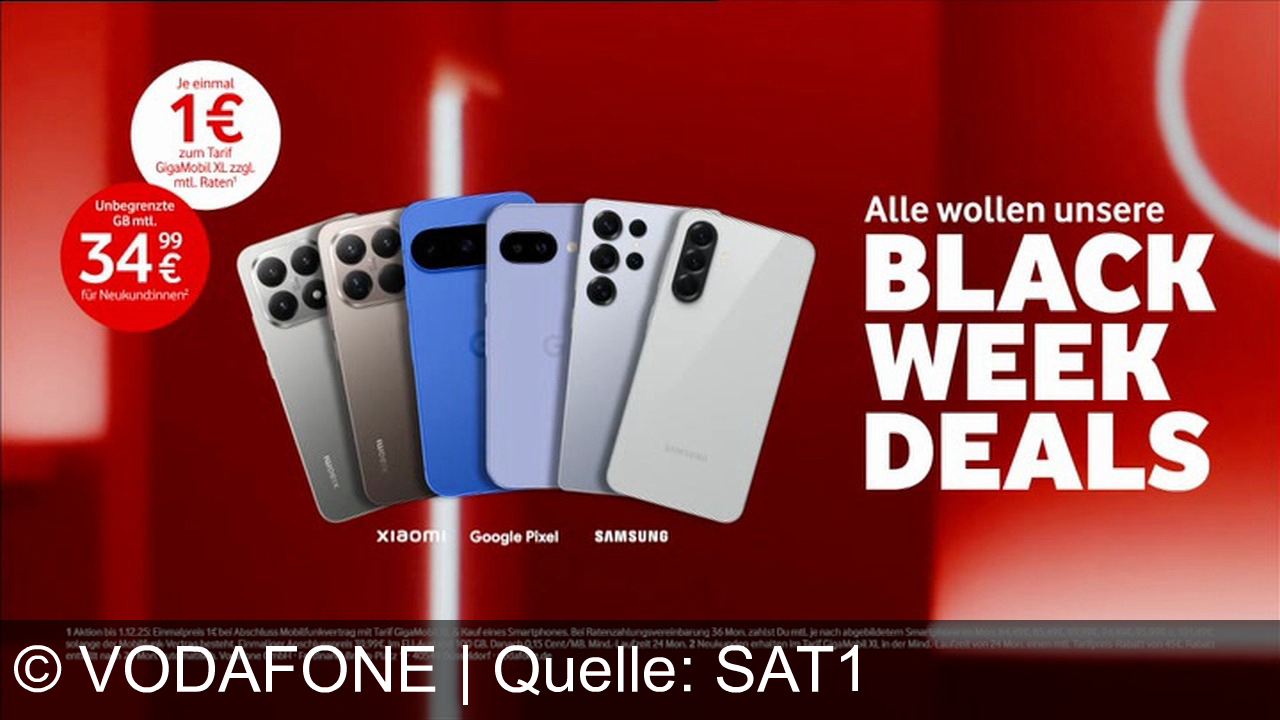 TV Werbung vodafone - Vodafone Black Week: Unlimited Data für nur 34,99 €, Top-Smartphones von Samsung, Google Pixel und Xiaomi für nur 1 €. Alle wollen die Mega-Deals – hol sie dir jetzt!