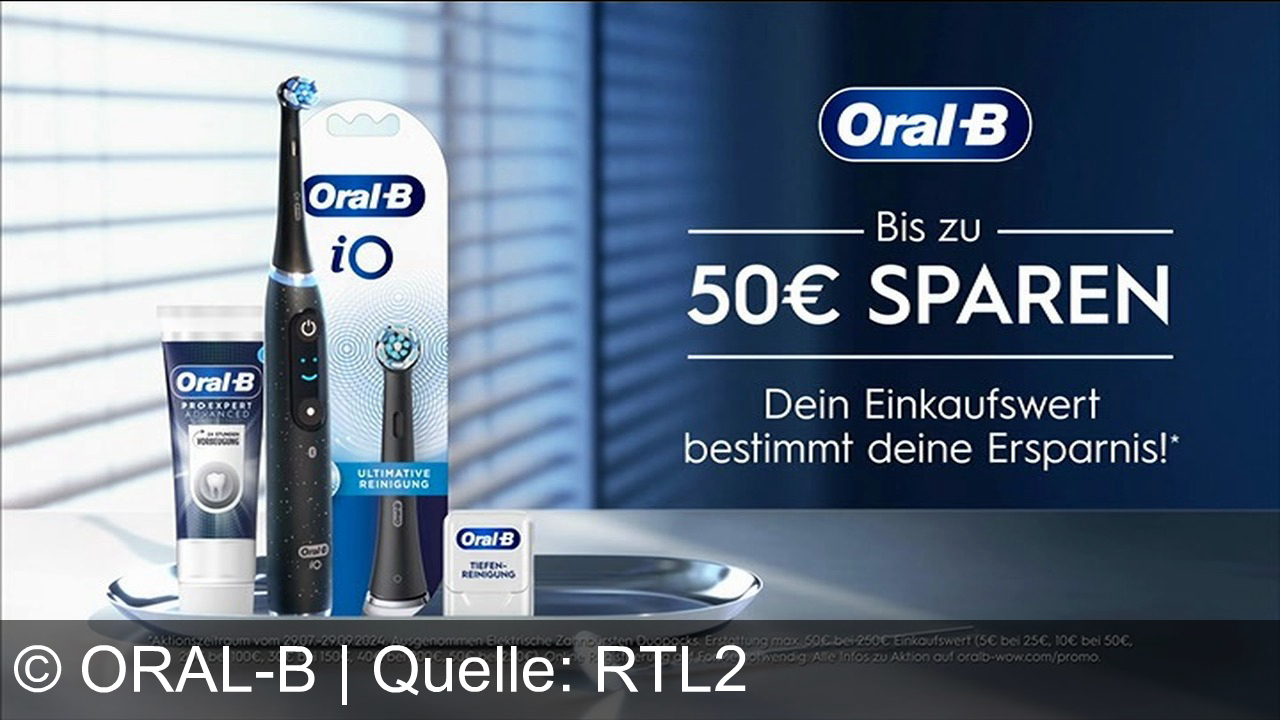 TV Werbung oral-b - Oral-B iO: Perfekte, sanfte Reinigung und Zahnfleischschutz dank Andruckkontrolle. Jetzt bis zu 50€ sparen beim Kauf von Oral-B Produkten. Aktion bis 29.09.2024. Mehr Infos auf oralb-wow.com/promo.