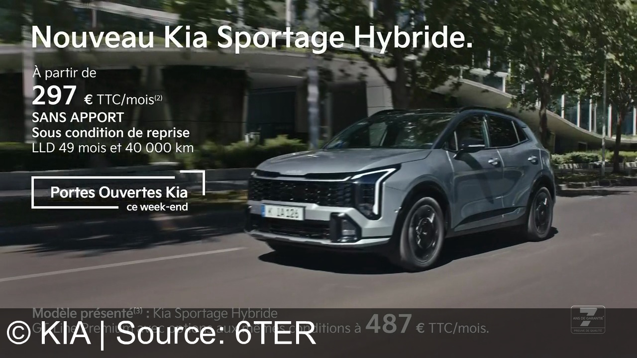 TV Werbung kia - Nouveau Kia Sportage Hybride : autonomie jusqu'à 945 km sans recharge. Dès 297€/mois, sans apport. Garantie 7 ans. Kia.