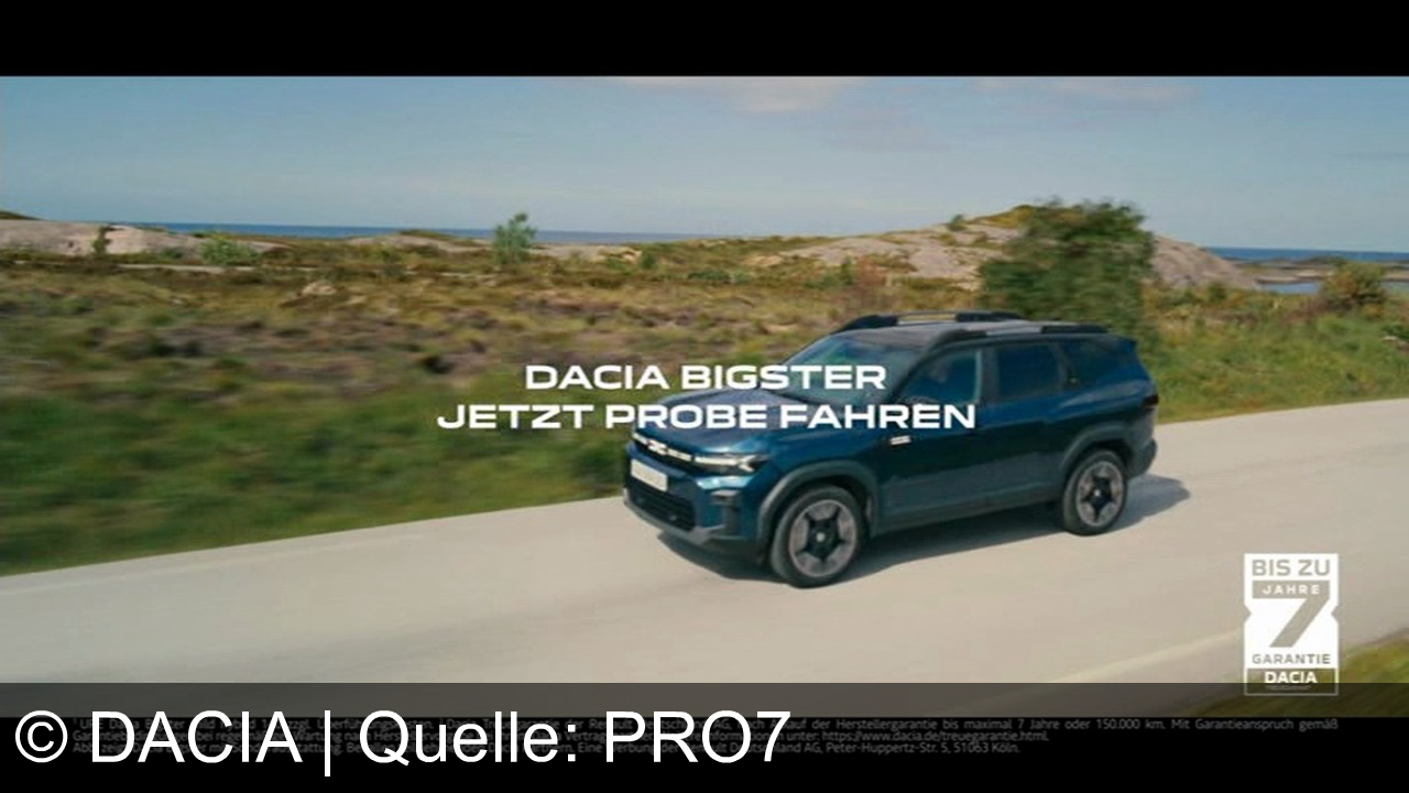 TV Werbung dacia - Entdecke mit dem Dacia Bigster die Freiheit – starker SUV, moderne Hybrid-Technologie, bis zu 7 Jahre Garantie. Jetzt ab 23.990 € und mit Probefahrt bei deinem Dacia Partner erleben!
