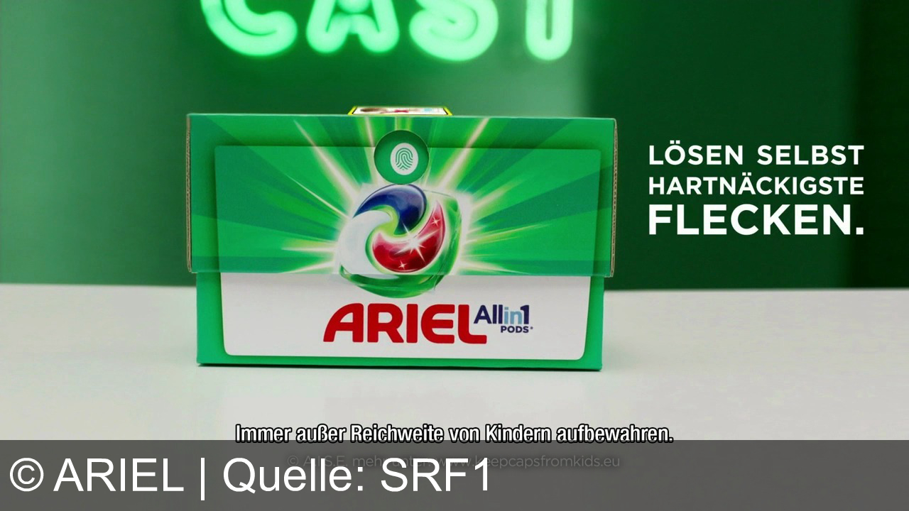 TV Werbung ariel - Ariel Pods mit Fleckenentferner bewältigen selbst eingetrocknete Tomatensaucenflecken bei 30 Grad. Der Spot betont die Effizienz bei niedrigen Temperaturen und spielt mit dem Begriff "Cold Case". Sicherheitshinweis: Außerhalb der Kinderreichweite lagern. Infos auf keepcapsfromkids.eu.