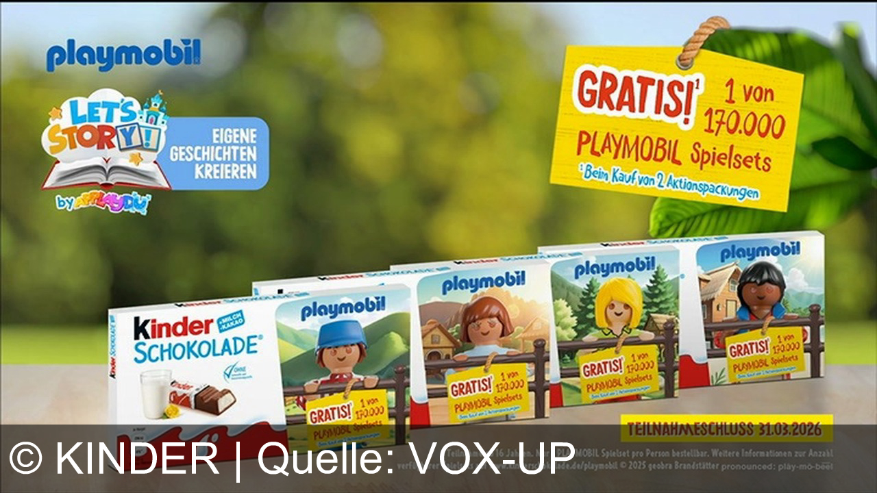 TV Werbung kinder - Großer Spaß mit Kinderschokolade und Playmobil: Jetzt beim Kauf von 2 Aktionspackungen eines von 4 exklusiven Playmobil Spielsets sichern – aus kleinen Dingen werden große Abenteuer!