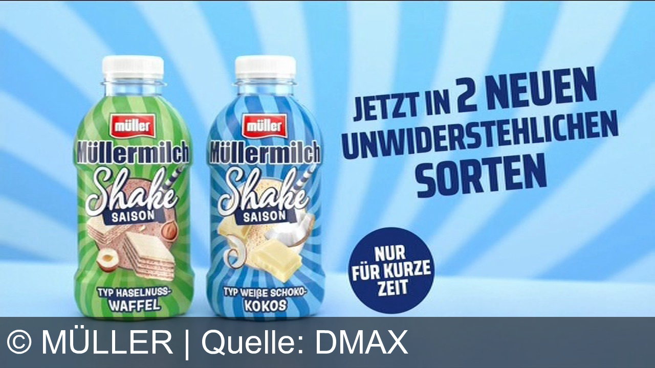TV Werbung müller - Entdecke die neuen Müllermilch-Shake Sorten: Haselnuss-Waffel und Weiße Schoko-Kokos – saisonal begrenzt verfügbar für unwiderstehlichen Genuss.