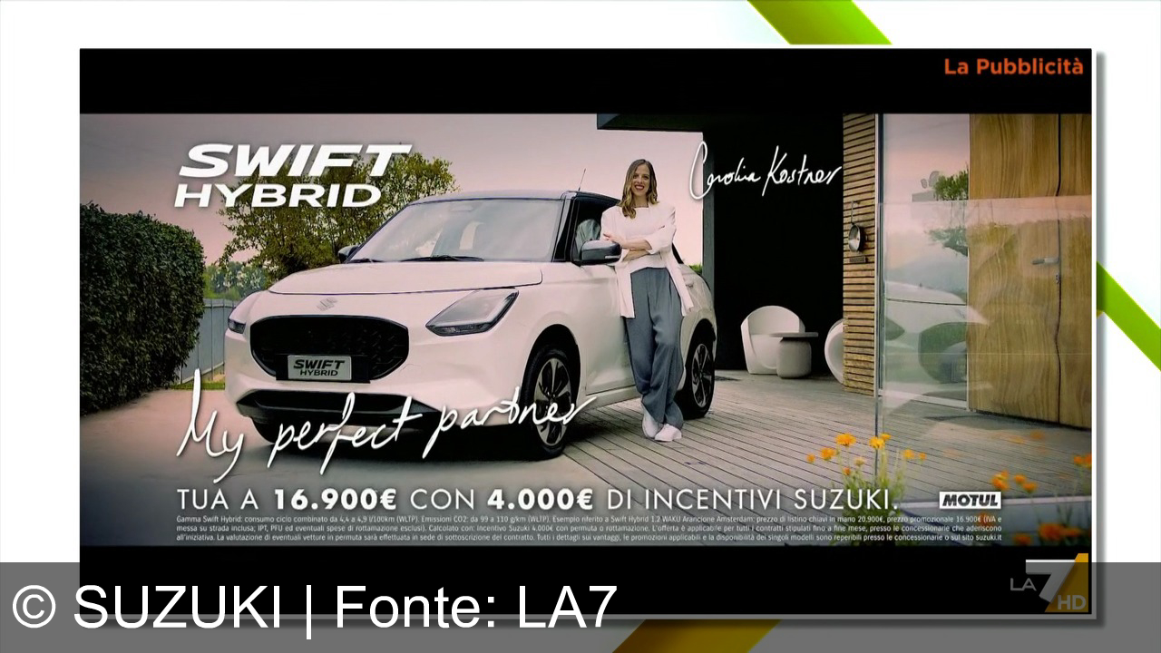 TV Werbung suzuki - Suzuki Swift Hybrid, la compagna perfetta di Carolina Kostner: stile, Hybrid, 4x4 AllGrip a 16.900€ con 4.000€ di incentivi Suzuki. My perfect partner, il numero uno accanto a te!
