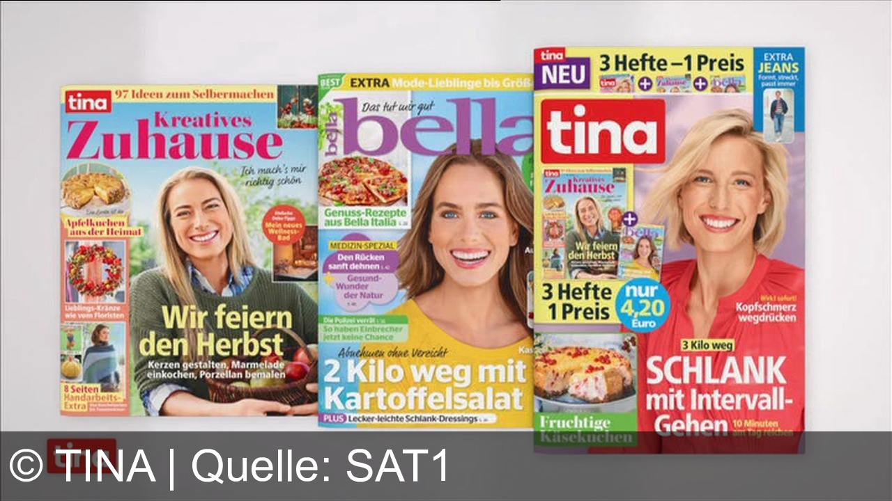 TV Werbung tina - Die beste Tina aller Zeiten: Aktuelle Tipps zu Gesundheit, Fitness und Genuss. Jetzt im Super-Dreierpack mit Bella und tina – Mehr Inspiration, mehr Wohlfühlen, mehr Kreativität!