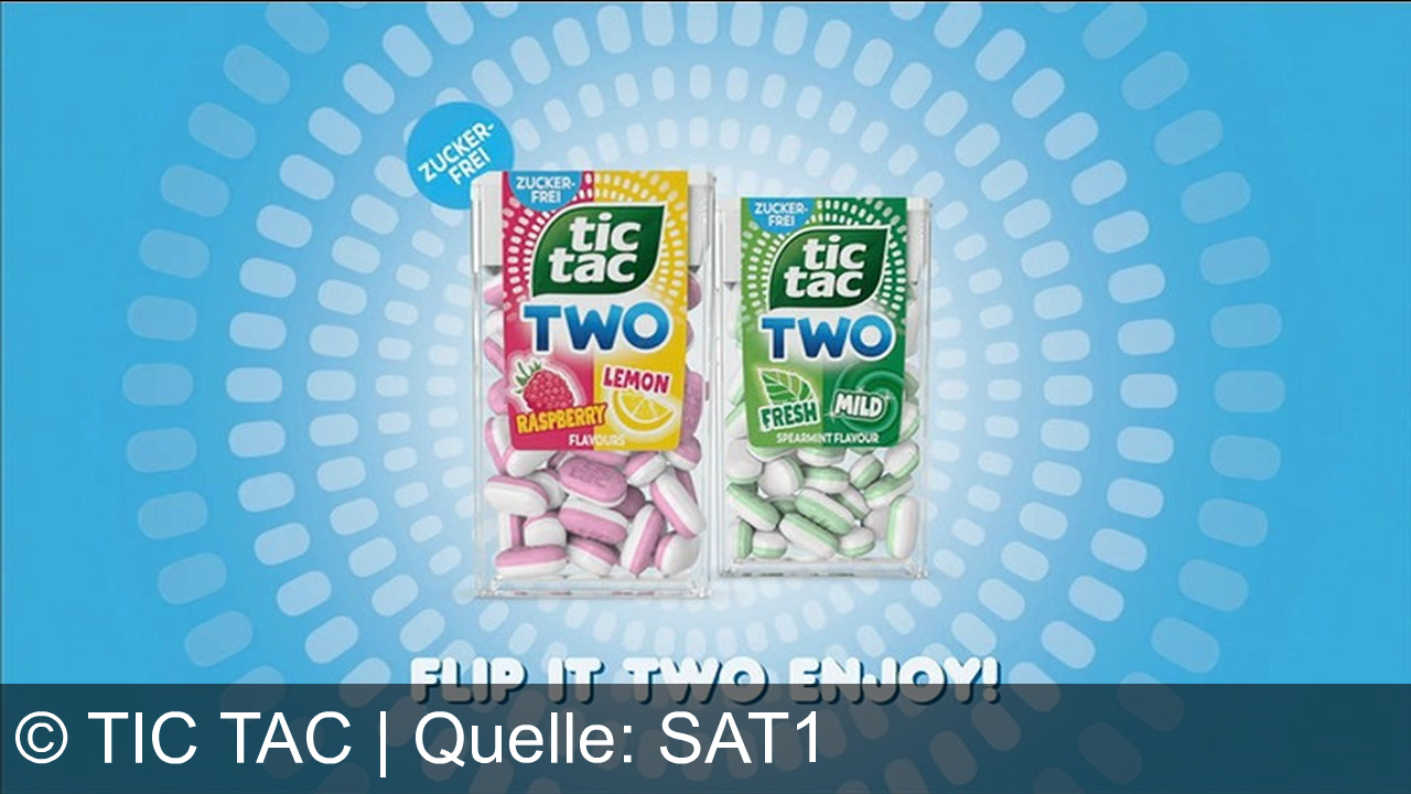 TV Werbung tic tac - Erlebe den doppelten Genuss mit Tic Tac Two: Fruchtige Himbeere trifft spritzige Zitrone. Zuckerfrei und voller Frische. Flip it to enjoy!