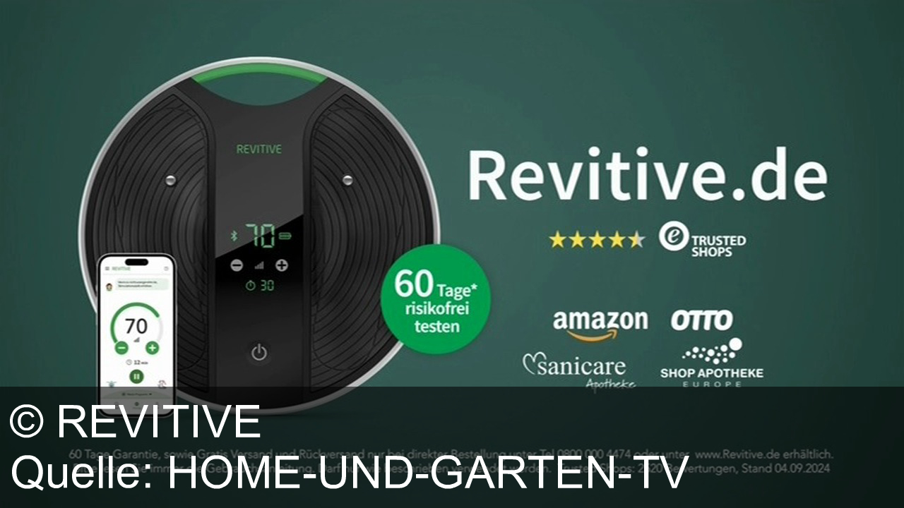 TV Werbung revitive - Revitive Durchblutungsstimulator lindert Beinschmerzen und Krämpfe ohne Medikamente. Erhältlich bei Amazon, OTTO und Apotheken. 60 Tage risikofrei testen mit Gratis Versand bei Bestellung auf revitive.de.