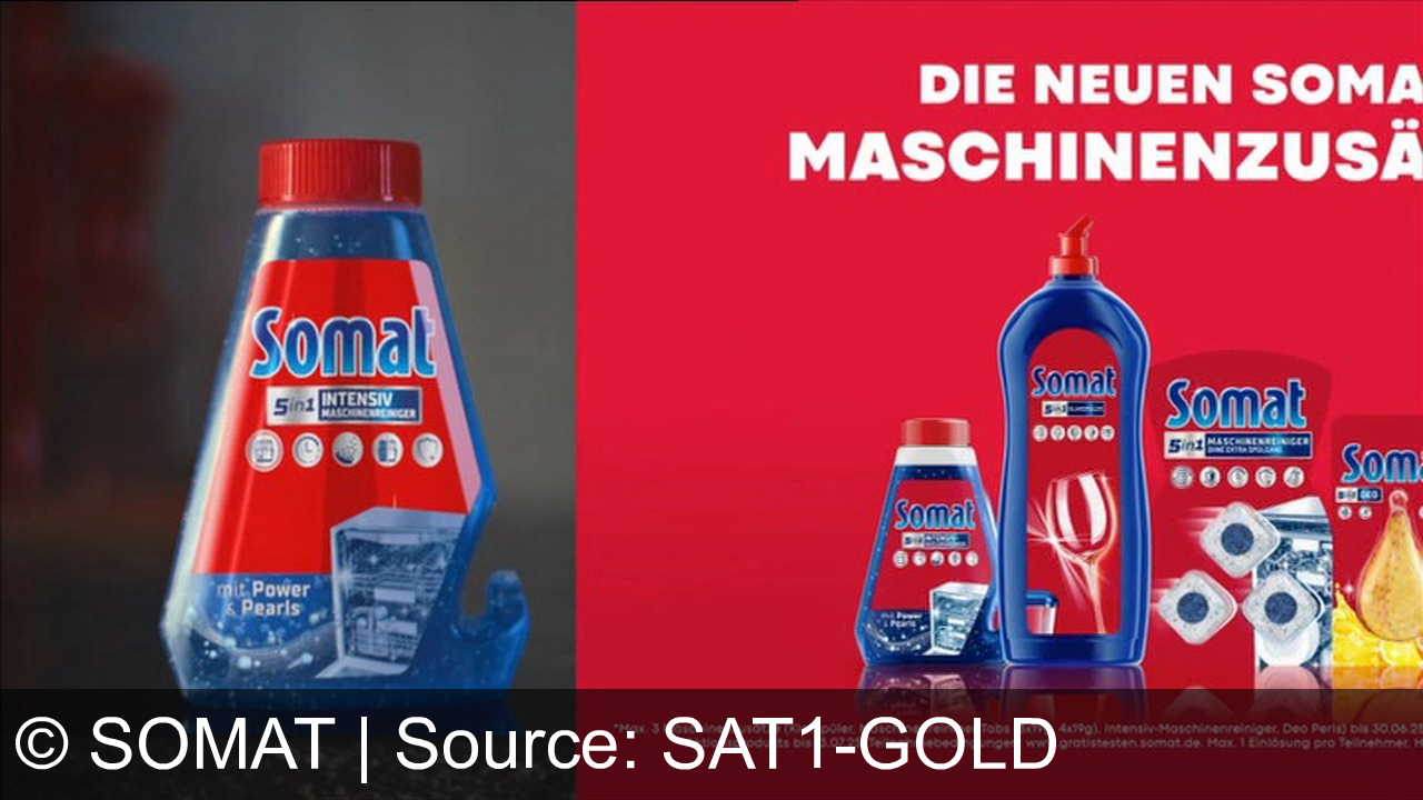 TV Werbung somat - Entfessle die Reinigungskraft: Mit Somat Intensivmaschinenreiniger und Powerpearls wird deine Spülmaschine kalk- und fettfrei. Jetzt gratis testen und länger Freude an sauberem Geschirr haben!