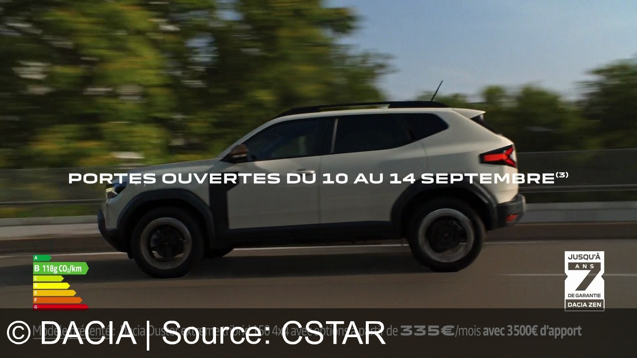 TV Werbung dacia - Passez à l'hybride avec le Dacia Duster ! Profitez de la garantie Dacia Zen lors de nos journées portes ouvertes du 10 au 14 septembre.