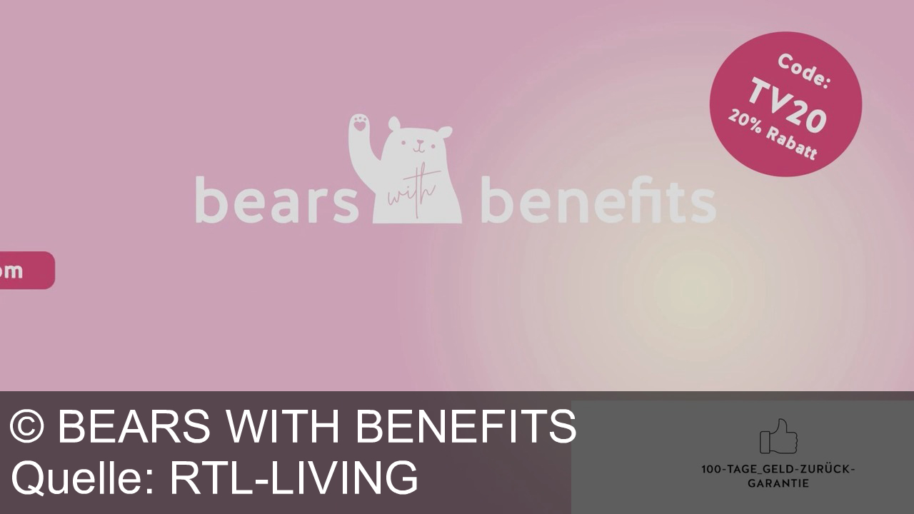 TV Werbung bears with benefits - Sehr schlecht synchronisiert und ohne Hintergründe oder wissenschaftliche Argumente wirbt bears-with-benefits: Entdecke deine perfekte Nährstoffkur mit bears-with-benefits.com: Hochdosiert, vegan, zuckerfrei. Teste jetzt und spare 20% mit Code TV20. Kleine Bärchen, große Wirkung – 100 Tage Geld-zurück-Garantie!