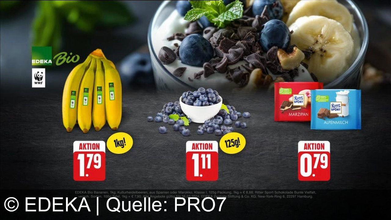 TV Werbung edeka - EDEKA lockt mit einer großen Auswahl an Obst und Gemüse sowie Sparangeboten: Bio Bananen, Kulturheidelbeeren und Ritter Sport Schokolade zu attraktiven Preisen bis 16.03.2024.