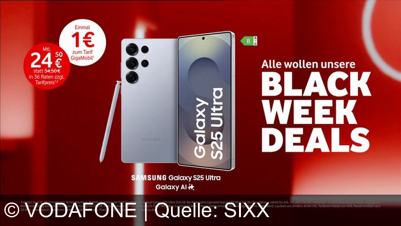 TV Werbung vodafone - Sichere dir das Samsung Galaxy S25 Ultra für nur 1 € und 24,50 €/Monat – exklusiv bei Vodafone Black Week Deals mit GigaMobil-Tarif!