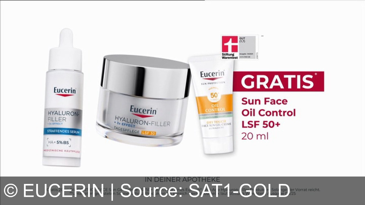 TV Werbung eucerin - Das Geheimnis straffer Haut. Die Eucerin Hyaluron Filler Routine. Das neue straffende Serum mit 5% Provitamin B5. Die Tagespflege mit Lichtschutzfaktor 30. Mit zwei Arten von Hyaluronsäure. Strafft die Haut und mildert Falten. Die Anti-Age Routine von Eucerin. Jetzt gratis. Stiftung Warentest Testsieger zu jedem Eucerin Anti-Age Produkt.
