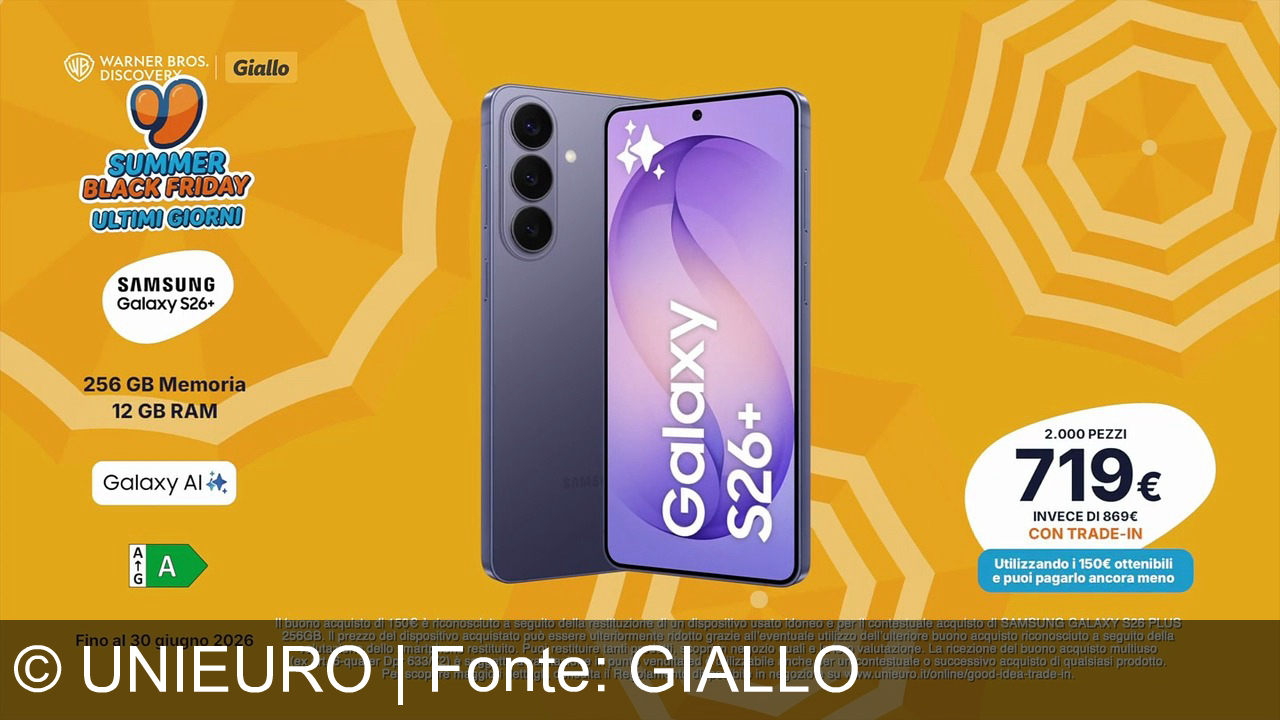 TV Werbung unieuro - Unieuro: Summer Black Friday. Samsung Galaxy S26+ a 719€ con trade-in. Batte. Forte. Sempre.