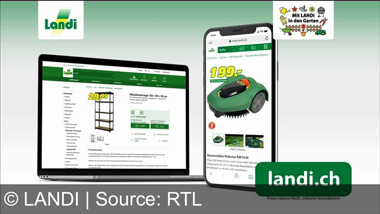 TV Werbung landi - Erlebe unschlagbare LANDI Tiefpreise: Robustes Metallregal für 29.95 CHF oder den OKAY Rasenmäher-Roboter für 199 CHF. Top-Qualität, immer günstig – entdecke mehr auf landi.ch!