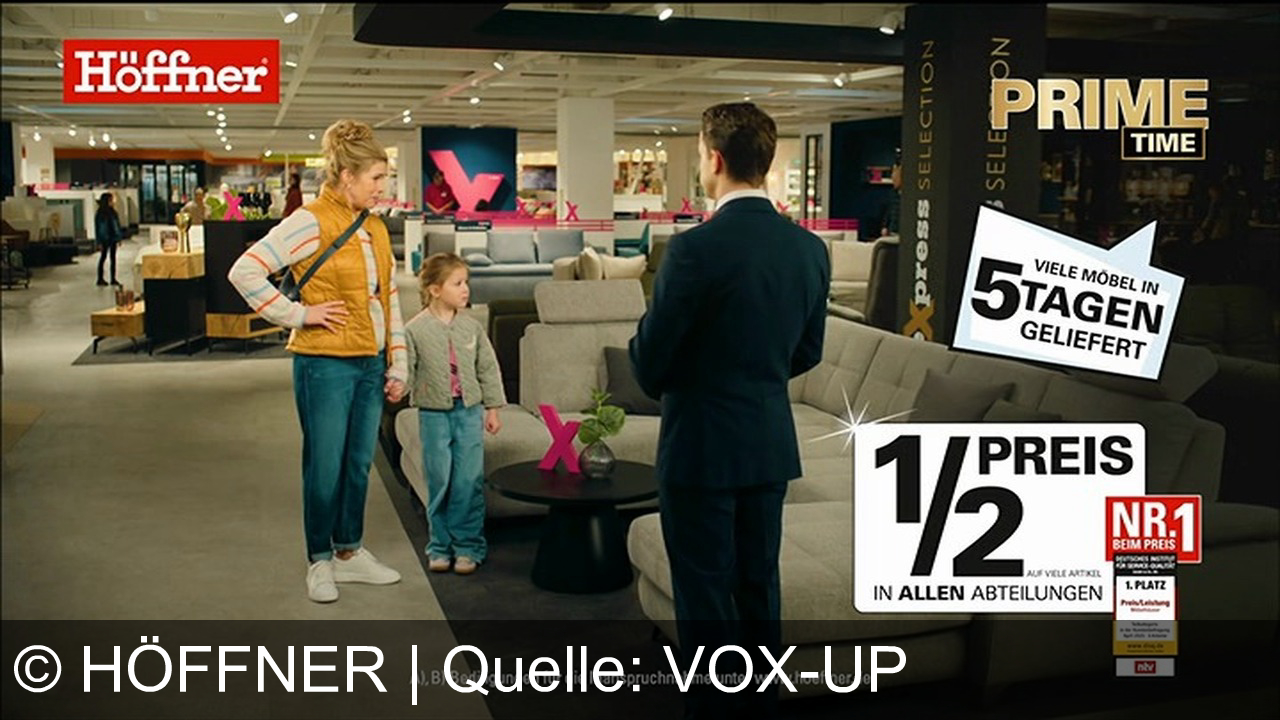 TV Werbung höffner - Höffner PRIME TIME: Top-moderne Möbel zum Spitzenpreis, sofort geliefert! Entdecke die Nr.1 bei Auswahl und Service – jetzt in allen Abteilungen!
Protagonistin: Anke Engelke