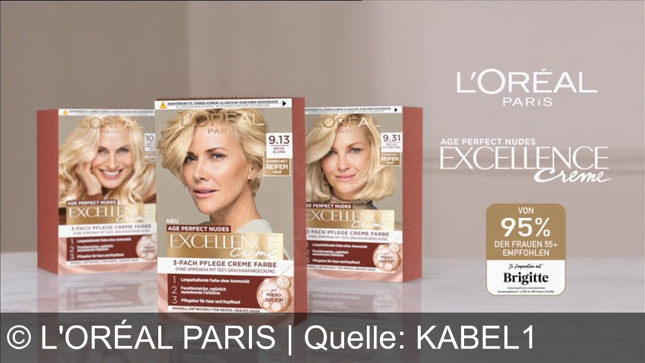 TV Werbung l'oréal paris - Perfekte Nuancen für reifes Haar: Brigitte empfiehlt L'Oréal Paris Excellence Age Perfect Nudes für 100% Grauabdeckung und weniger Haarbruch. Weil ich es mir wert bin.