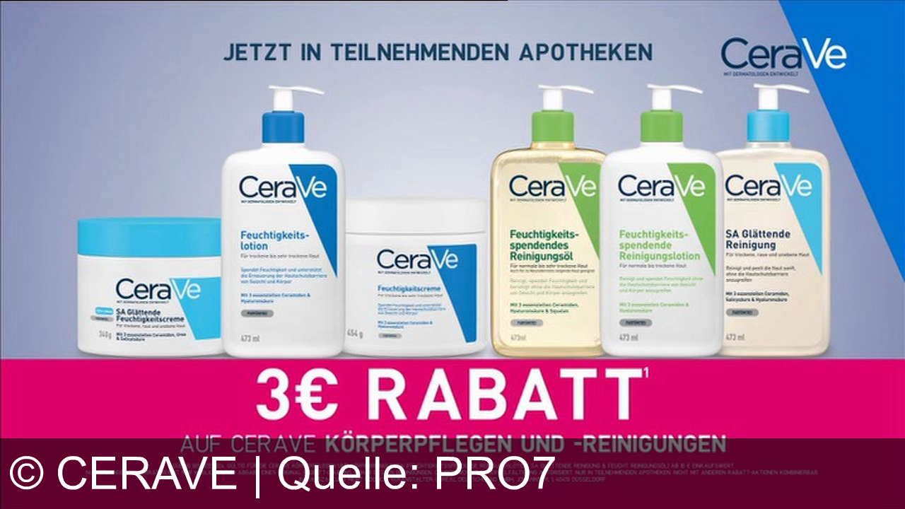 TV Werbung cerave - CeraVe stärkt mit Ceramiden und Hyaluron die Hautschutzbarriere und speichert Feuchtigkeit. Jetzt 3 Euro Rabatt auf CeraVe Körperpflege und Reinigungen in teilnehmenden Apotheken.