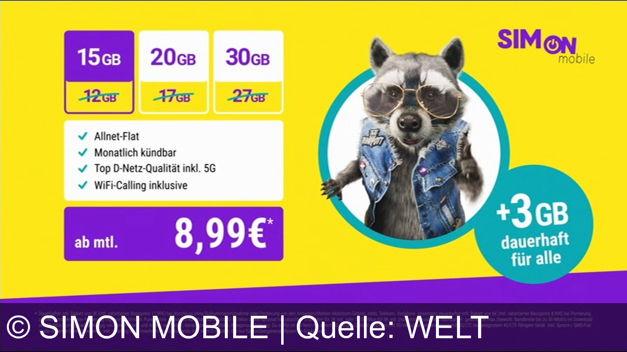 TV Werbung simon mobile - Simon Mobile lockt mit 15GB ab 8,99€/Monat, Top D-Netz inkl. 5G, Allnet-Flat und monatlicher Kündbarkeit. Extra Rabatt ohne Rufnummernmitnahme, schnelles Surfen und EU-Roaming inklusive auf simonmobile.de.