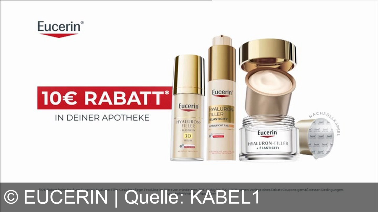 TV Werbung eucerin - Eucerin Hyaluron-Filler + Elasticity: Mehr Elastizität, weniger Pigmentflecken. Mit patentiertem Thiamidol. Jetzt 10€ in Ihrer Apotheke sparen.