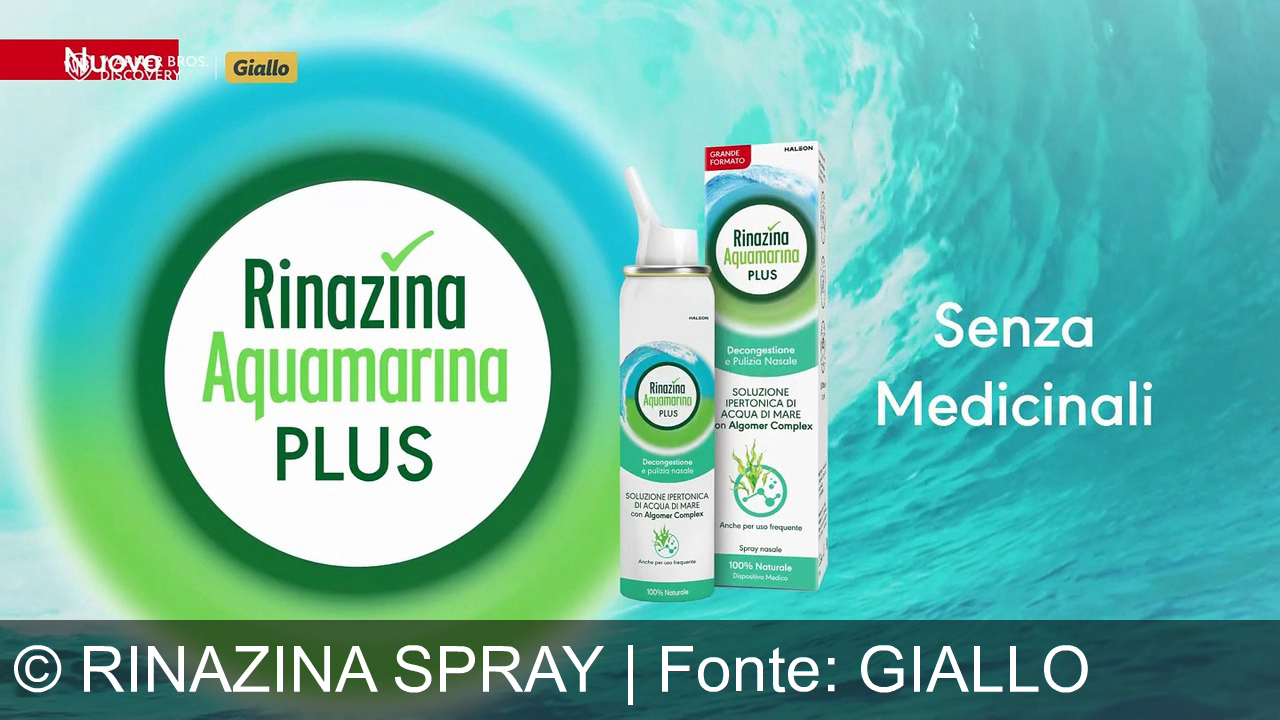 TV Werbung rinazina spray - Rinazina Aquamarina Plus di Haleon: decongestione e pulizia nasale 100% naturale, senza medicinali, con Algomer Complex. Respira la freschezza del mare ogni giorno!